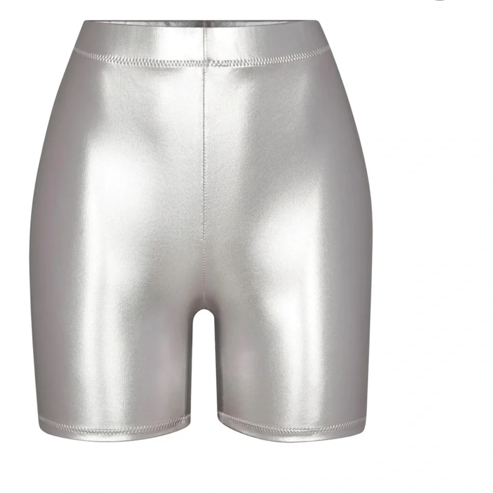 🩶SKIMS METALLIC MID WAIST SWIM BIKINI BOTTOMS SHORTS IN NICKEL M L